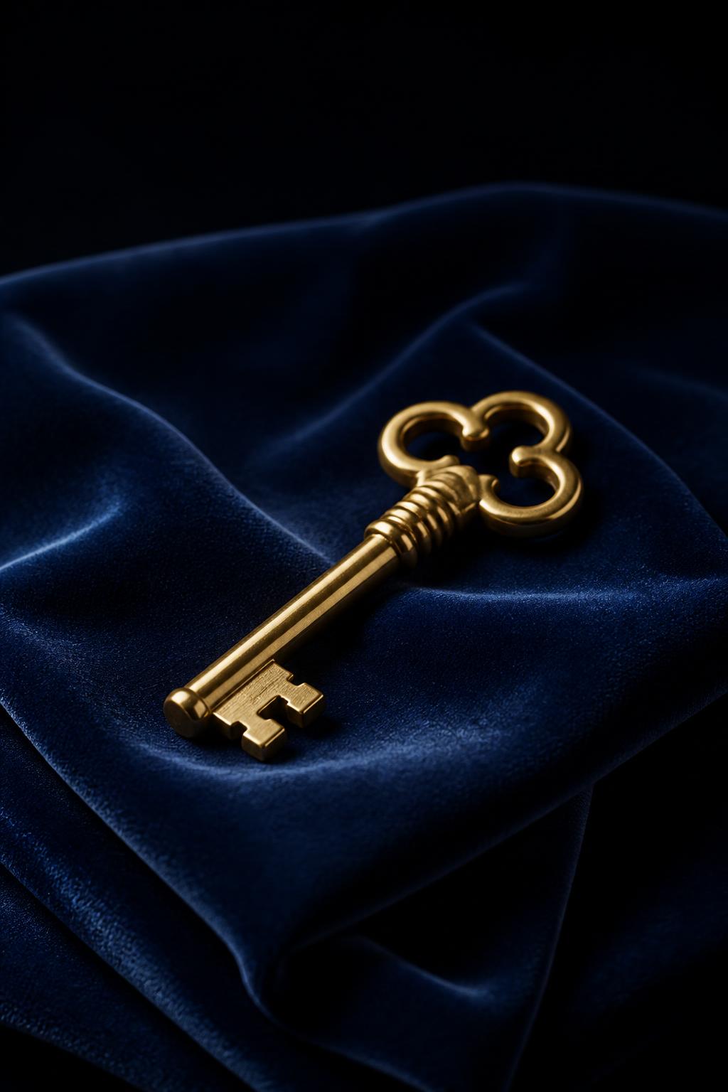 Brass key resting on deep navy velvet